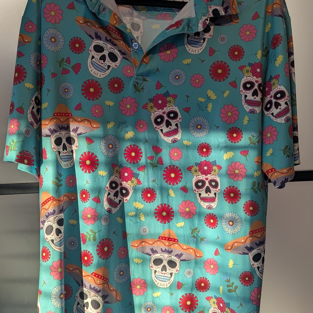 Floral Skull Print Men's Golf Shirt